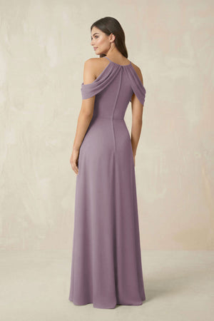 Off-the-Shoulder Chiffon Sheath Bridesmaid Dress With Slit in Dusk (2) | KISSBRIDAL