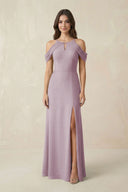Off - the - Shoulder Chiffon Sheath Bridesmaid Dress With Slit in Dusk - SHE IS ME Bridesmaid Dresses