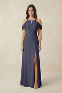 Off - the - Shoulder Chiffon Sheath Bridesmaid Dress With Slit in Dusk Blue - SHE IS ME Bridesmaid Dresses