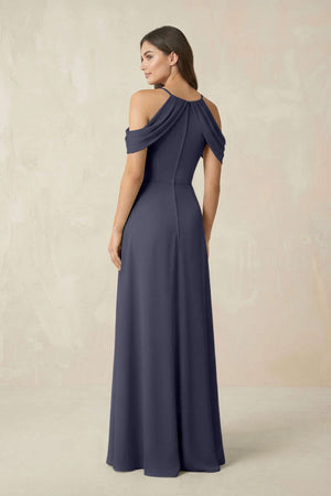 Off - the - Shoulder Chiffon Sheath Bridesmaid Dress With Slit in Dusk Blue - SHE IS ME Bridesmaid Dresses
