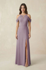 Off-the-Shoulder Chiffon Sheath Bridesmaid Dress With Slit in Dusk | KISSBRIDAL