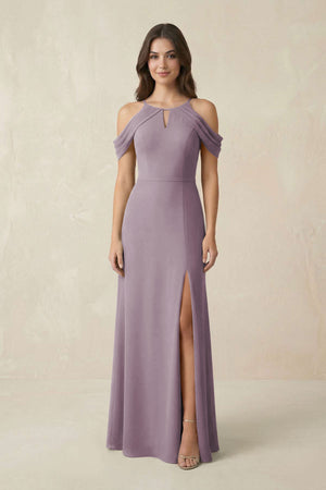 Off-the-Shoulder Chiffon Sheath Bridesmaid Dress With Slit in Dusk | KISSBRIDAL