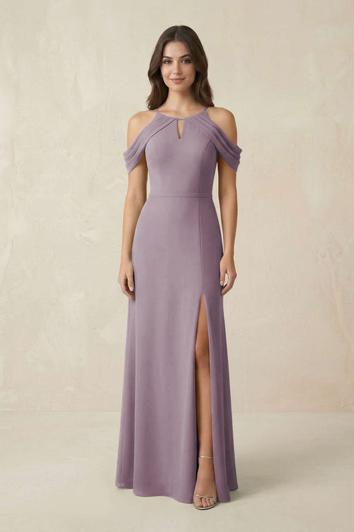 Off-the-Shoulder Chiffon Sheath Bridesmaid Dress With Slit in Dusk | KISSBRIDAL