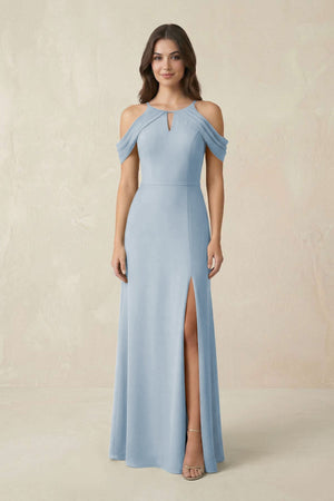 Off - the - Shoulder Chiffon Sheath Bridesmaid Dress With Slit in Dusty Blue - SHE IS ME Bridesmaid Dresses