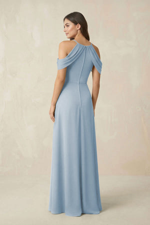Off - the - Shoulder Chiffon Sheath Bridesmaid Dress With Slit in Dusty Blue - SHE IS ME Bridesmaid Dresses
