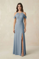 Off - the - Shoulder Chiffon Sheath Bridesmaid Dress With Slit in Dusty Blue - KISS BRIDAL Bridesmaid Dresses