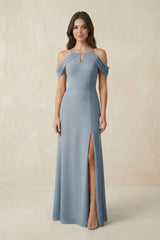Off - the - Shoulder Chiffon Sheath Bridesmaid Dress With Slit in Dusty Blue - KISS BRIDAL Bridesmaid Dresses