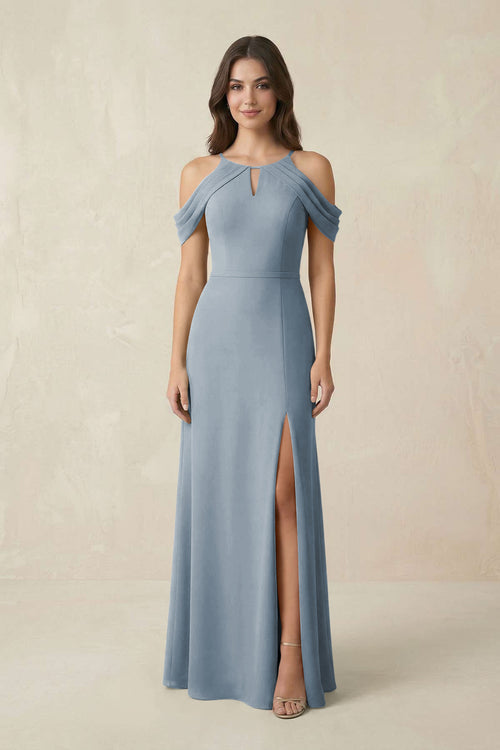 Off - the - Shoulder Chiffon Sheath Bridesmaid Dress With Slit in Dusty Blue - KISS BRIDAL Bridesmaid Dresses