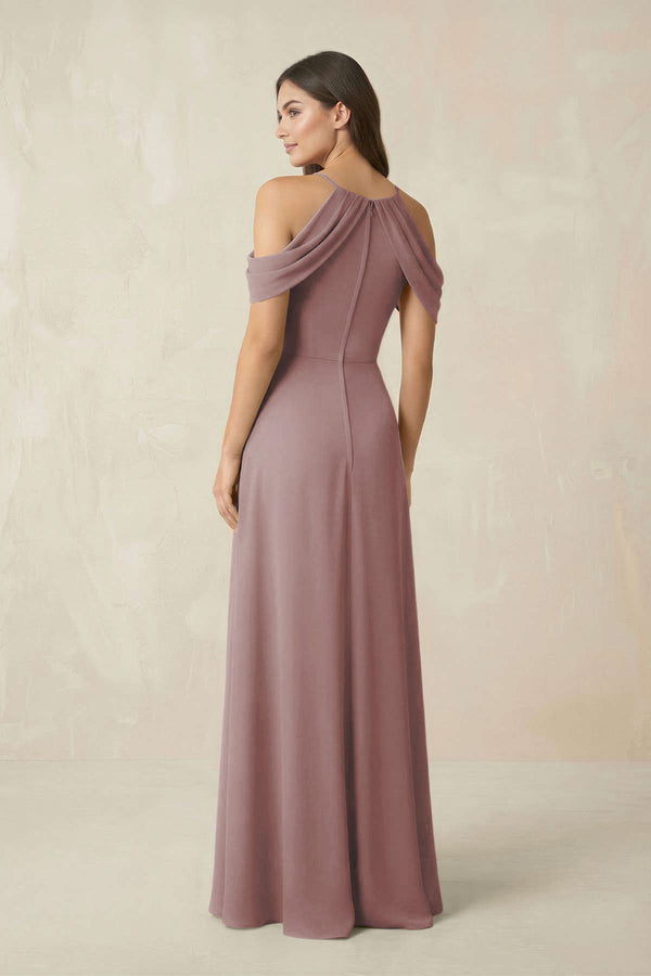 Off-the-Shoulder Chiffon Sheath Bridesmaid Dress With Slit in Dusty Rose (2) | KISSBRIDAL