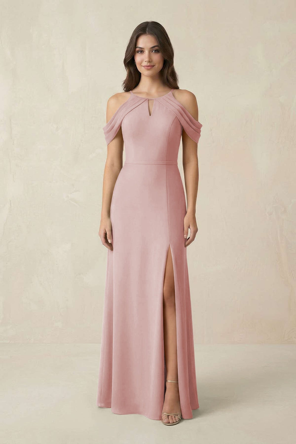Off - the - Shoulder Chiffon Sheath Bridesmaid Dress With Slit in Dusty Rose - KISS BRIDAL Bridesmaid Dresses