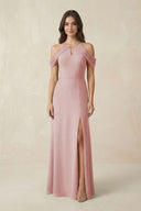 Off - the - Shoulder Chiffon Sheath Bridesmaid Dress With Slit in Dusty Rose - SHE IS ME Bridesmaid Dresses