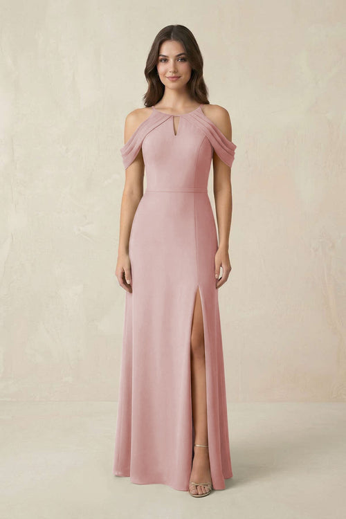 Off - the - Shoulder Chiffon Sheath Bridesmaid Dress With Slit in Dusty Rose - SHE IS ME Bridesmaid Dresses