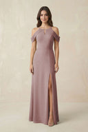 Off-the-Shoulder Chiffon Sheath Bridesmaid Dress With Slit in Dusty Rose | KISSBRIDAL