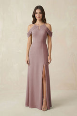Off-the-Shoulder Chiffon Sheath Bridesmaid Dress With Slit in Dusty Rose | KISSBRIDAL