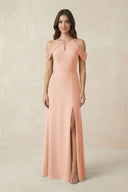Off - the - Shoulder Chiffon Sheath Bridesmaid Dress With Slit in English Rose - SHE IS ME Bridesmaid Dresses