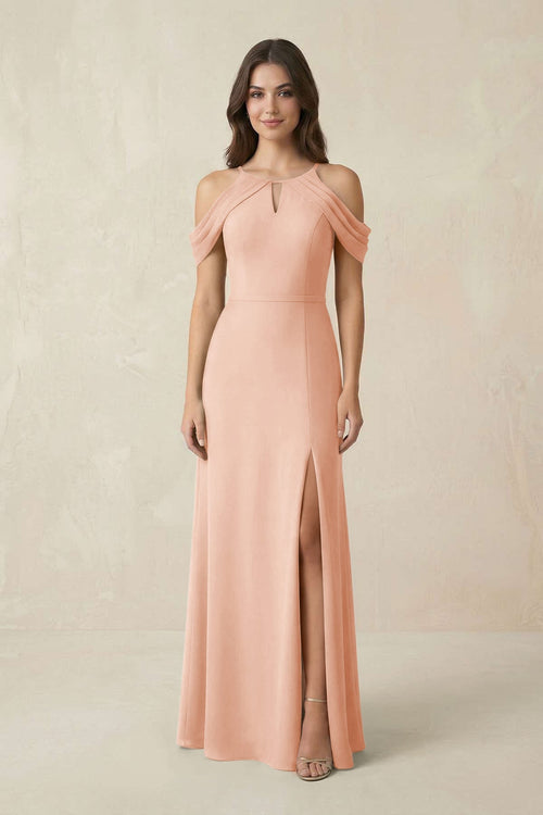 Off - the - Shoulder Chiffon Sheath Bridesmaid Dress With Slit in English Rose - SHE IS ME Bridesmaid Dresses