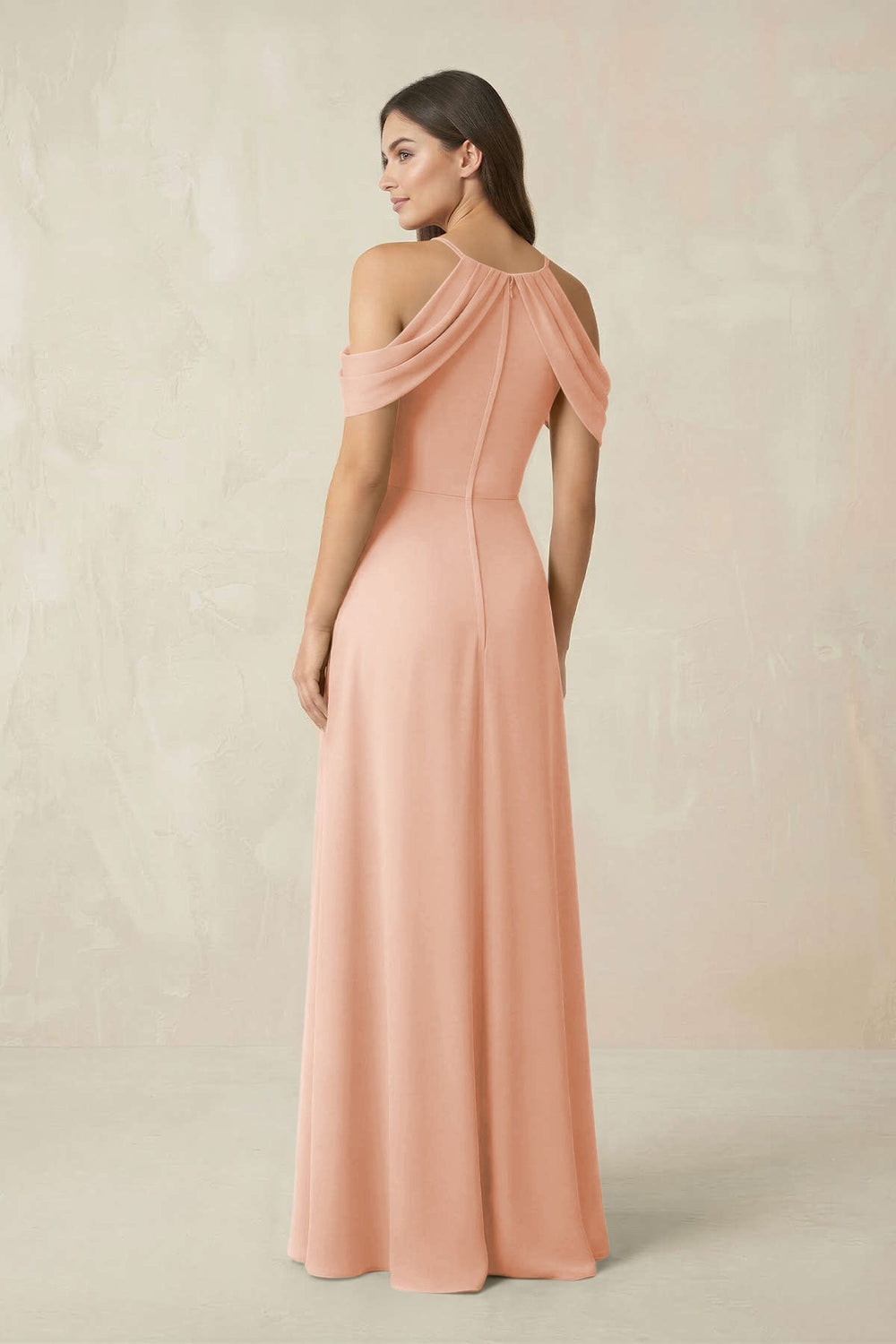 Off - the - Shoulder Chiffon Sheath Bridesmaid Dress With Slit in English Rose - KISS BRIDAL Bridesmaid Dresses