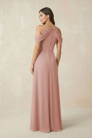 Off-the-Shoulder Chiffon Sheath Bridesmaid Dress With Slit in English Rose (2) | KISSBRIDAL