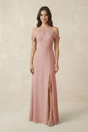 Off-the-Shoulder Chiffon Sheath Bridesmaid Dress With Slit in English Rose | KISSBRIDAL