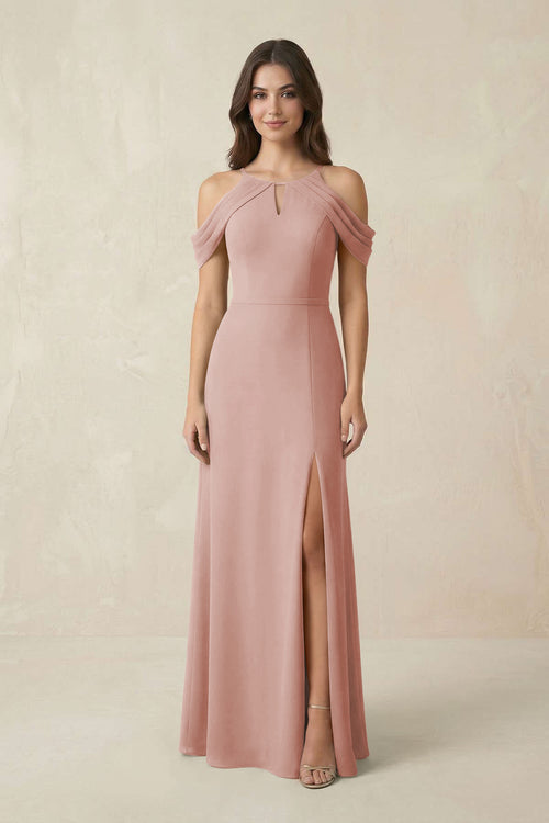 Off-the-Shoulder Chiffon Sheath Bridesmaid Dress With Slit in English Rose | KISSBRIDAL