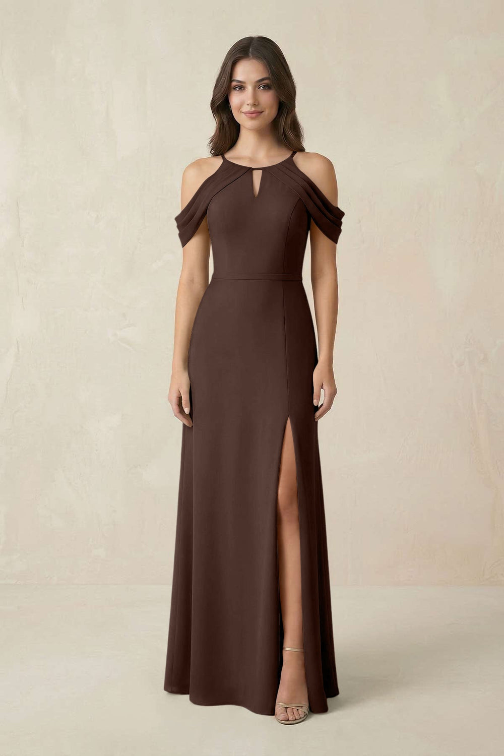 Off - the - Shoulder Chiffon Sheath Bridesmaid Dress With Slit in Espresso - KISS BRIDAL Bridesmaid Dresses
