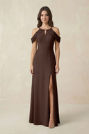 Off - the - Shoulder Chiffon Sheath Bridesmaid Dress With Slit in Espresso - SHE IS ME Bridesmaid Dresses