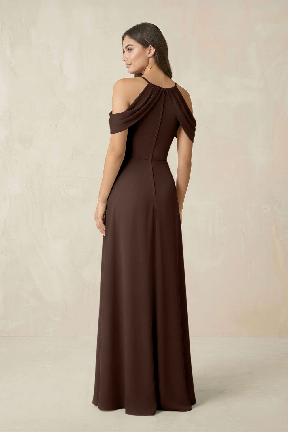Off - the - Shoulder Chiffon Sheath Bridesmaid Dress With Slit in Espresso - KISS BRIDAL Bridesmaid Dresses