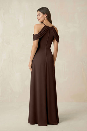 Off - the - Shoulder Chiffon Sheath Bridesmaid Dress With Slit in Espresso - SHE IS ME Bridesmaid Dresses