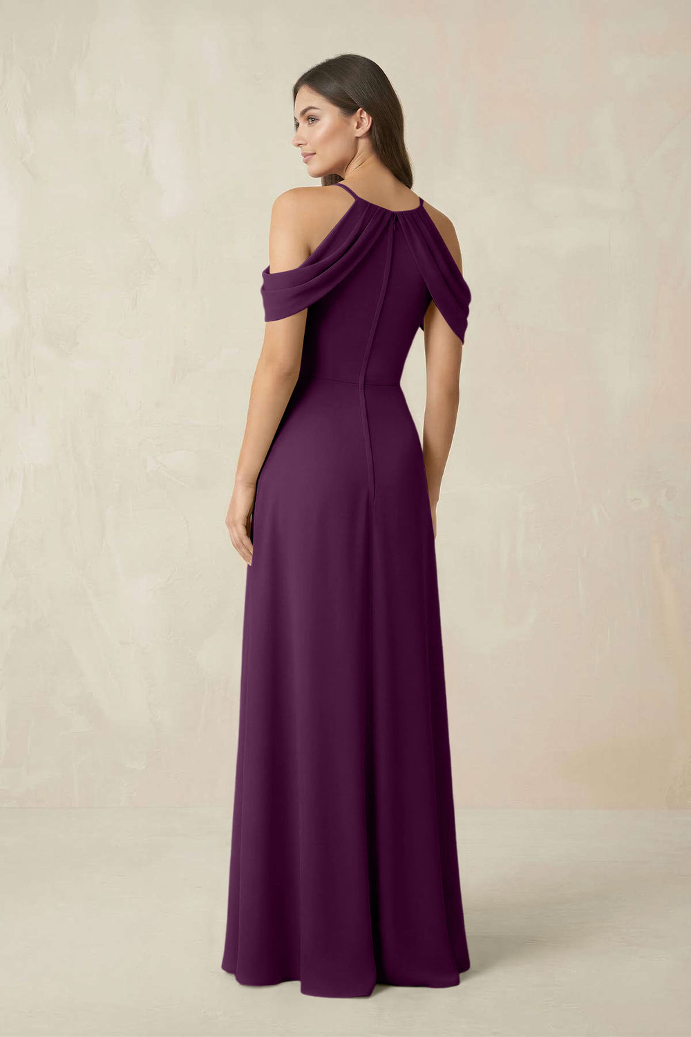 Off-the-Shoulder Chiffon Sheath Bridesmaid Dress With Slit in Fig