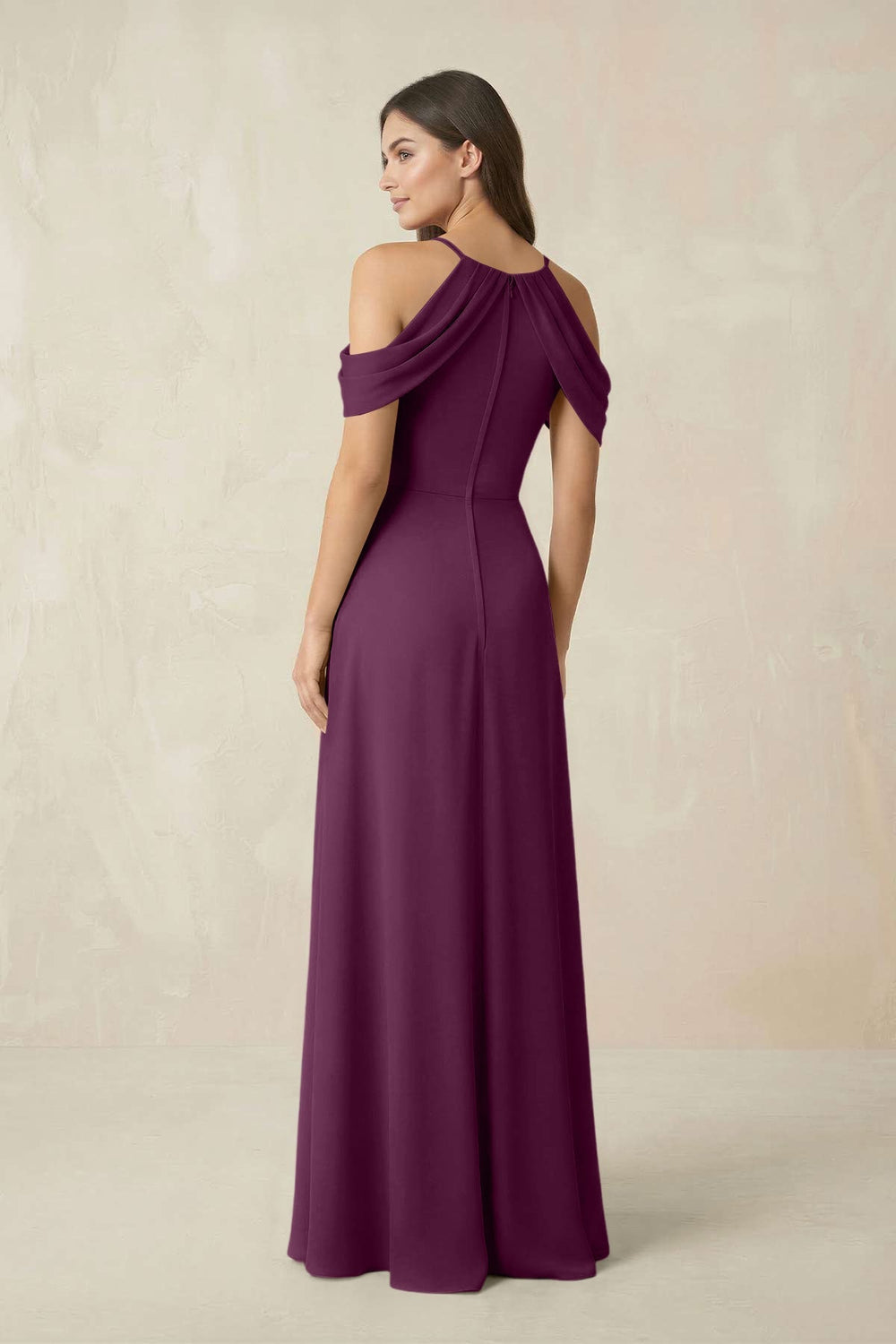 Off - the - Shoulder Chiffon Sheath Bridesmaid Dress With Slit in Fig - KISS BRIDAL Bridesmaid Dresses