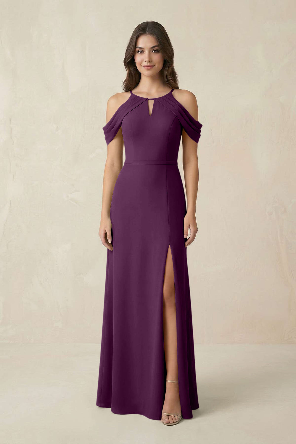 Off-the-Shoulder Chiffon Sheath Bridesmaid Dress With Slit in Fig