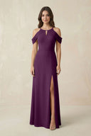 Off-the-Shoulder Chiffon Sheath Bridesmaid Dress With Slit in Fig | KISSBRIDAL