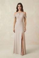 Off - the - Shoulder Chiffon Sheath Bridesmaid Dress With Slit in Frost - SHE IS ME Bridesmaid Dresses