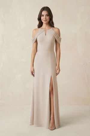 Off - the - Shoulder Chiffon Sheath Bridesmaid Dress With Slit in Frost - SHE IS ME Bridesmaid Dresses