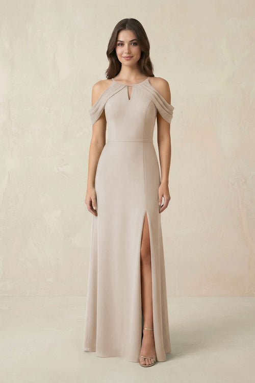 Off - the - Shoulder Chiffon Sheath Bridesmaid Dress With Slit in Frost - SHE IS ME Bridesmaid Dresses