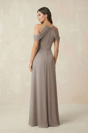Off-the-Shoulder Chiffon Sheath Bridesmaid Dress With Slit in Frost (2) | KISSBRIDAL