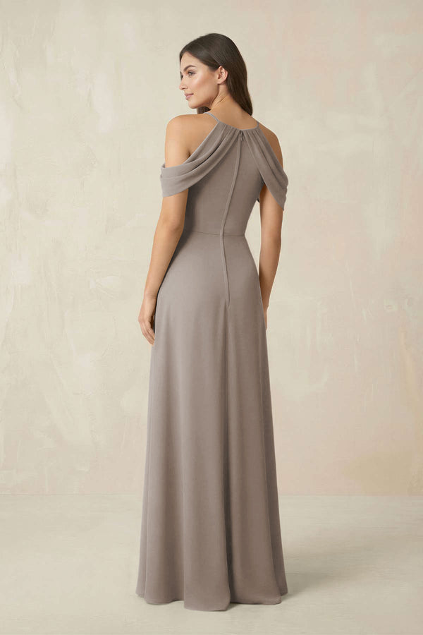 Off-the-Shoulder Chiffon Sheath Bridesmaid Dress With Slit in Frost (2) | KISSBRIDAL