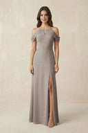 Off-the-Shoulder Chiffon Sheath Bridesmaid Dress With Slit in Frost | KISSBRIDAL