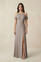 Off-the-Shoulder Chiffon Sheath Bridesmaid Dress With Slit in Frost | KISSBRIDAL