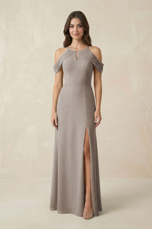 Off-the-Shoulder Chiffon Sheath Bridesmaid Dress With Slit in Frost | KISSBRIDAL