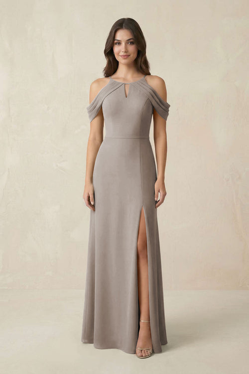 Off-the-Shoulder Chiffon Sheath Bridesmaid Dress With Slit in Frost | KISSBRIDAL