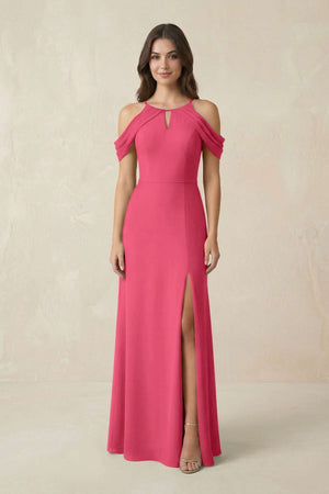 Off - the - Shoulder Chiffon Sheath Bridesmaid Dress With Slit in Fuchsia - SHE IS ME Bridesmaid Dresses