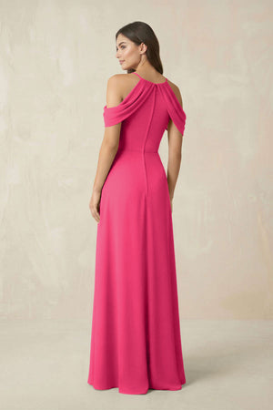 Off-the-Shoulder Chiffon Sheath Bridesmaid Dress With Slit in Fuchsia (2) | KISSBRIDAL