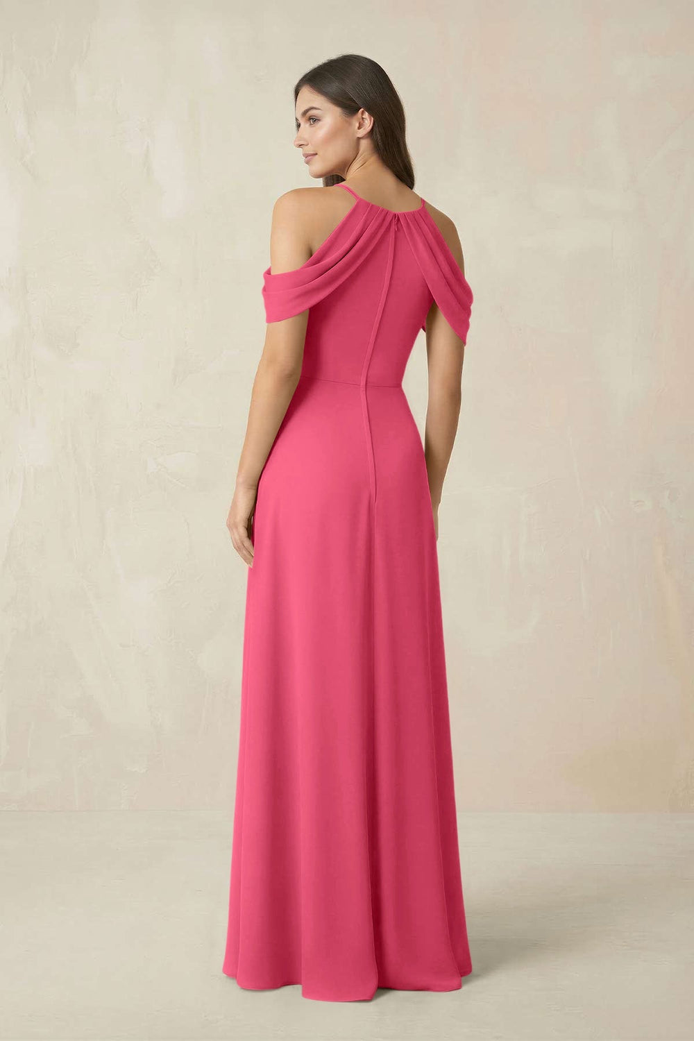 Off - the - Shoulder Chiffon Sheath Bridesmaid Dress With Slit in Fuchsia - KISS BRIDAL Bridesmaid Dresses