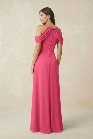 Off - the - Shoulder Chiffon Sheath Bridesmaid Dress With Slit in Fuchsia - SHE IS ME Bridesmaid Dresses