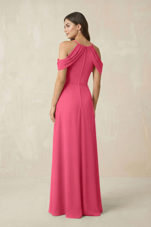 Off - the - Shoulder Chiffon Sheath Bridesmaid Dress With Slit in Fuchsia - SHE IS ME Bridesmaid Dresses