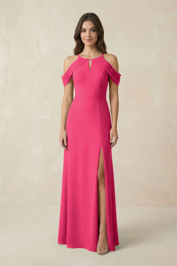 Off-the-Shoulder Chiffon Sheath Bridesmaid Dress With Slit in Fuchsia | KISSBRIDAL