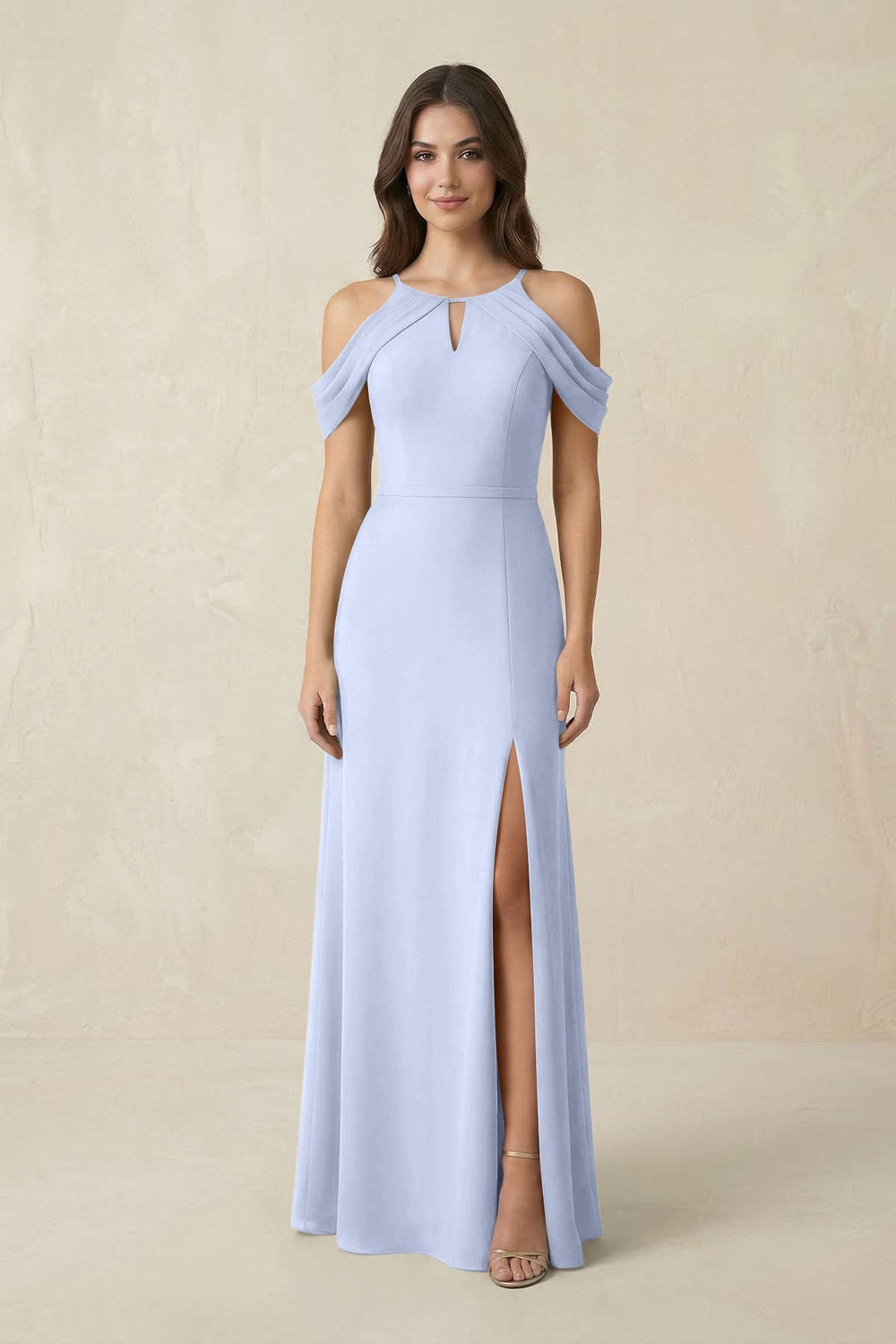 Off - the - Shoulder Chiffon Sheath Bridesmaid Dress With Slit in Ice - KISS BRIDAL Bridesmaid Dresses
