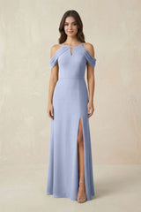Off-the-Shoulder Chiffon Sheath Bridesmaid Dress With Slit in Ice | KISSBRIDAL