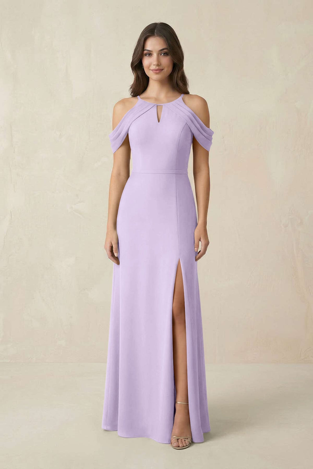 Off - the - Shoulder Chiffon Sheath Bridesmaid Dress With Slit in Lavender - KISS BRIDAL Bridesmaid Dresses